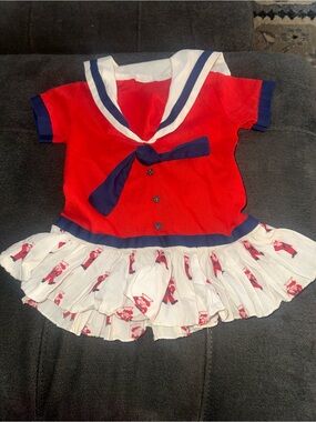 Vintage 3T Red Navy Sailor Dress with White Printed Skirt